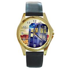 Tardis Wilderness Doctor Who Round Gold Metal Watch by Cendanart