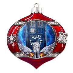 Doctor Who Adventure Bad Wolf Tardis Metal Snowflake And Bell Red Ornament by Cendanart