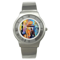 Tardis Doctor Who Paint Painting Stainless Steel Watch by Cendanart