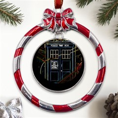 Tardis Doctor Who Magic Travel Macine Fantasy Metal Red Ribbon Round Ornament by Cendanart