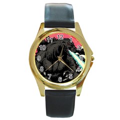 Godzilla Vintage Wave Round Gold Metal Watch by Cendanart