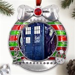 Bad Wolf Tardis Doctor Who Metal X Mas Ribbon With Red Crystal Round Ornament Front