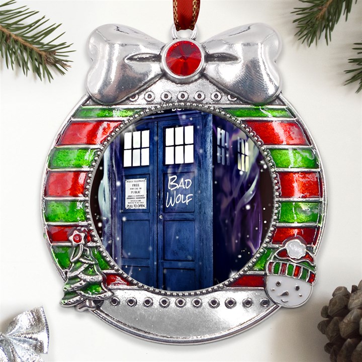 Bad Wolf Tardis Doctor Who Metal X Mas Ribbon With Red Crystal Round Ornament