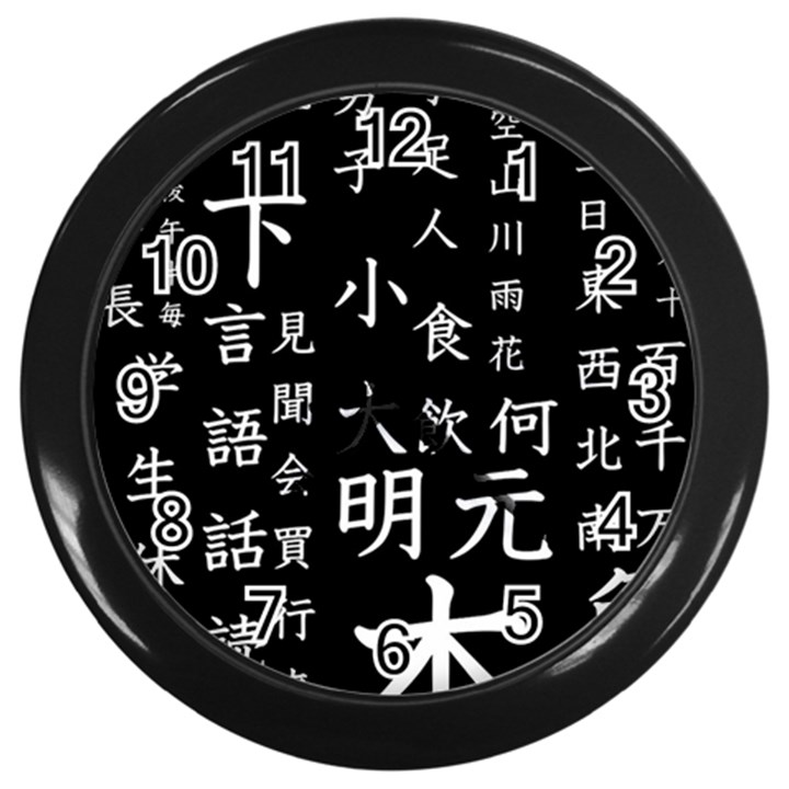 Japanese Basic Kanji Anime Dark Minimal Words Wall Clock (Black)