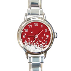 Red Sun Sea Waves Bird Japanese Art Minimalist Round Italian Charm Watch