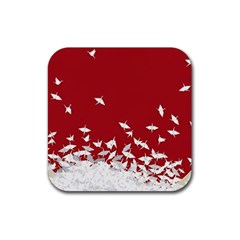 Red Sun Sea Waves Bird Japanese Art Minimalist Rubber Coaster (Square)