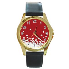 Red Sun Sea Waves Bird Japanese Art Minimalist Round Gold Metal Watch