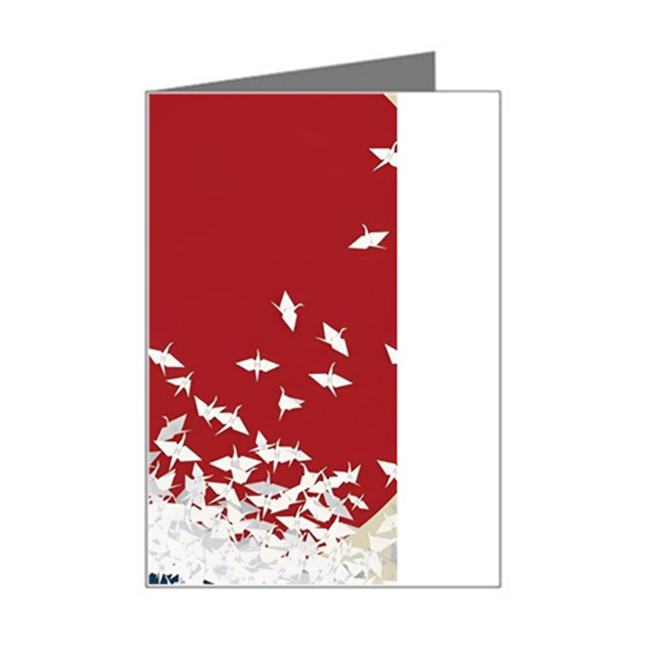 Red Sun Sea Waves Bird Japanese Art Minimalist Mini Greeting Card