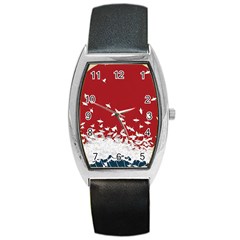 Red Sun Sea Waves Bird Japanese Art Minimalist Barrel Style Metal Watch