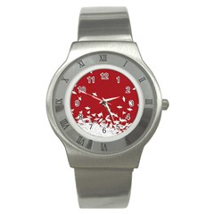 Red Sun Sea Waves Bird Japanese Art Minimalist Stainless Steel Watch