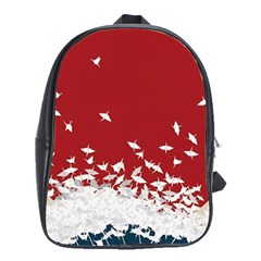 Red Sun Sea Waves Bird Japanese Art Minimalist School Bag (Large)