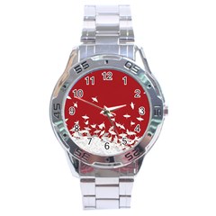 Red Sun Sea Waves Bird Japanese Art Minimalist Stainless Steel Analogue Watch