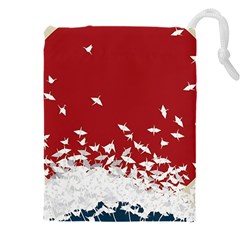 Red Sun Sea Waves Bird Japanese Art Minimalist Drawstring Pouch (4XL)