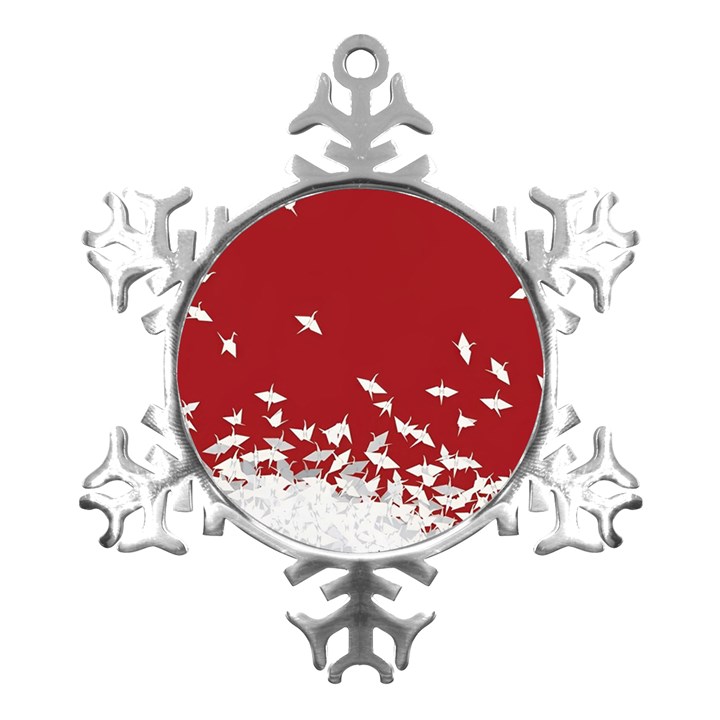 Red Sun Sea Waves Bird Japanese Art Minimalist Metal Small Snowflake Ornament