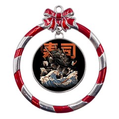 Sushi Dragon Japanese Metal Red Ribbon Round Ornament by Bedest