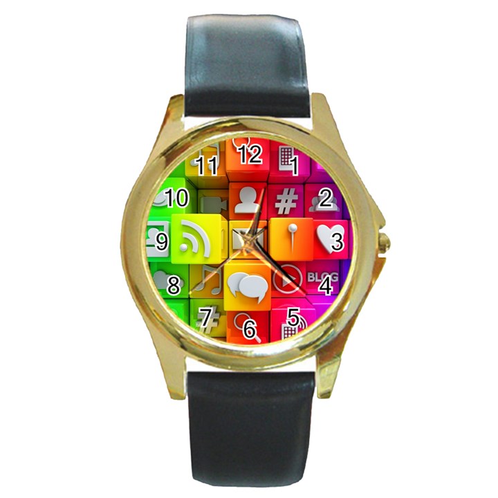 Colorful 3d Social Media Round Gold Metal Watch