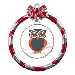 Owl Logo Metal Red Ribbon Round Ornament