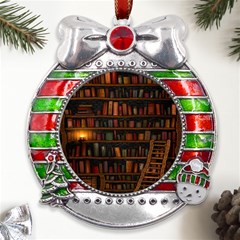 Books Library Metal X mas Ribbon With Red Crystal Round Ornament by Ket1n9