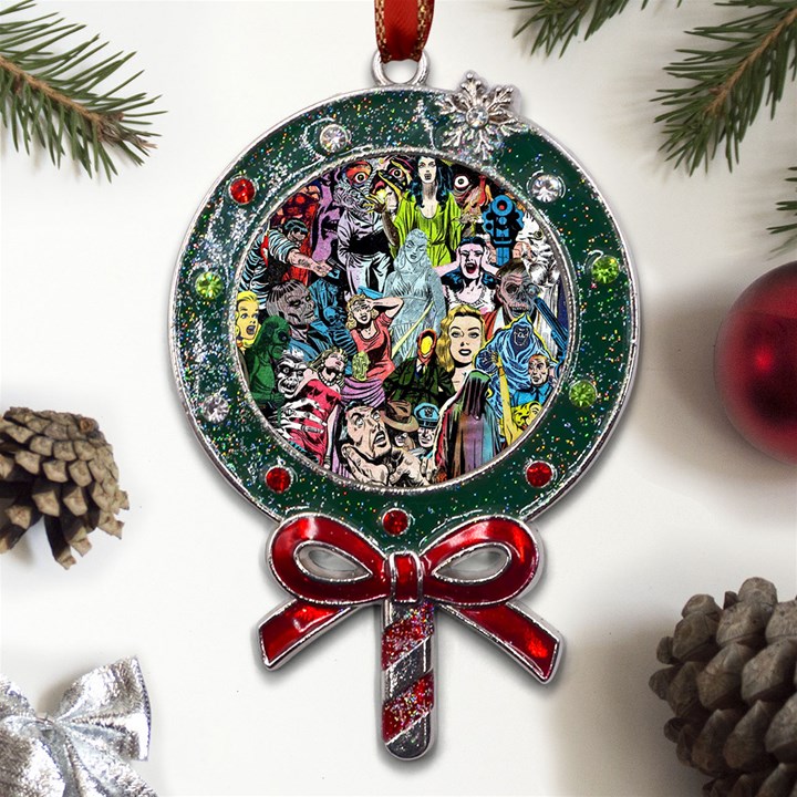 Vintage Horror Collage Pattern Metal X Mas Lollipop with Crystal Ornament