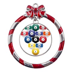 Racked Billiard Pool Balls Metal Red Ribbon Round Ornament by Ket1n9