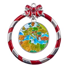 World Map Metal Red Ribbon Round Ornament