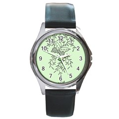 Illustration Of Butterflies And Flowers Ornament On Green Background Round Metal Watch by Ket1n9