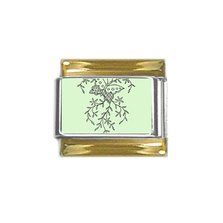 Illustration Of Butterflies And Flowers Ornament On Green Background Gold Trim Italian Charm (9mm)