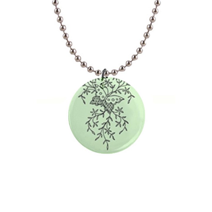 Illustration Of Butterflies And Flowers Ornament On Green Background 1  Button Necklace