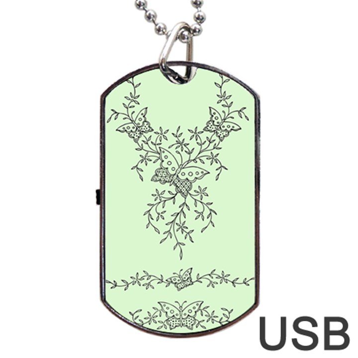 Illustration Of Butterflies And Flowers Ornament On Green Background Dog Tag USB Flash (Two Sides)