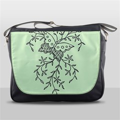 Illustration Of Butterflies And Flowers Ornament On Green Background Messenger Bag by Ket1n9