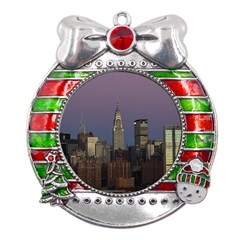 Skyline City Manhattan New York Metal X mas Ribbon With Red Crystal Round Ornament