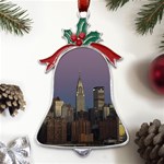 Skyline City Manhattan New York Metal Holly Leaf Bell Ornament Front