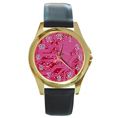 Pink Circuit Pattern Round Gold Metal Watch by Ket1n9