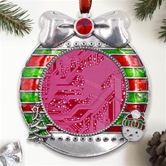 Pink Circuit Pattern Metal X mas Ribbon With Red Crystal Round Ornament by Ket1n9