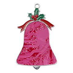 Pink Circuit Pattern Metal Holly Leaf Bell Ornament by Ket1n9