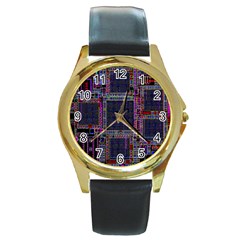 Cad Technology Circuit Board Layout Pattern Round Gold Metal Watch by Ket1n9