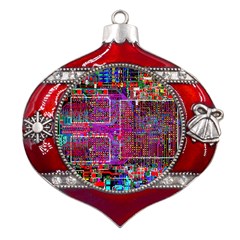 Technology Circuit Board Layout Pattern Metal Snowflake And Bell Red Ornament by Ket1n9