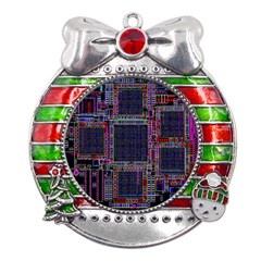 Cad Technology Circuit Board Layout Pattern Metal X mas Ribbon With Red Crystal Round Ornament by Ket1n9