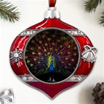 Beautiful Peacock Feather Metal Snowflake And Bell Red Ornament Front