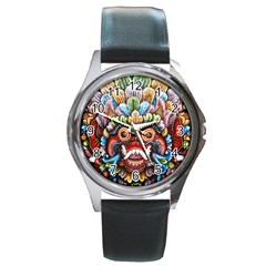 Wood Sculpture Bali Logo Round Metal Watch by Ket1n9