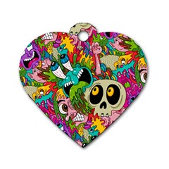 Crazy Illustrations & Funky Monster Pattern Dog Tag Heart (two Sides) by Ket1n9