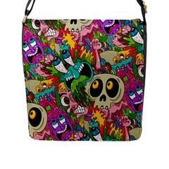 Crazy Illustrations & Funky Monster Pattern Flap Closure Messenger Bag (l) by Ket1n9