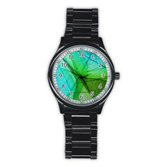 Sunlight Filtering Through Transparent Leaves Green Blue Stainless Steel Round Watch by Ket1n9