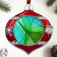 Sunlight Filtering Through Transparent Leaves Green Blue Metal Snowflake And Bell Red Ornament by Ket1n9