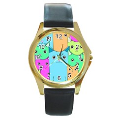 Cat Animals Cartoon Pattern Round Gold Metal Watch by Cendanart