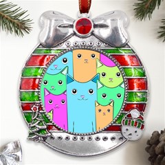 Cat Animals Cartoon Pattern Metal X mas Ribbon With Red Crystal Round Ornament