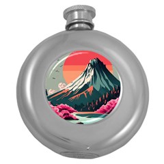 Mountain Landscape Sky Fuji Nature Round Hip Flask (5 Oz) by Cendanart