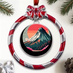 Mountain Landscape Sky Fuji Nature Metal Red Ribbon Round Ornament by Cendanart