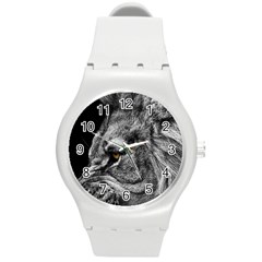 Angry Male Lion Roar Wild Animal Round Plastic Sport Watch (m) by Cendanart