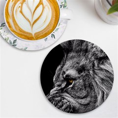 Angry Male Lion Roar Wild Animal Uv Print Round Tile Coaster by Cendanart